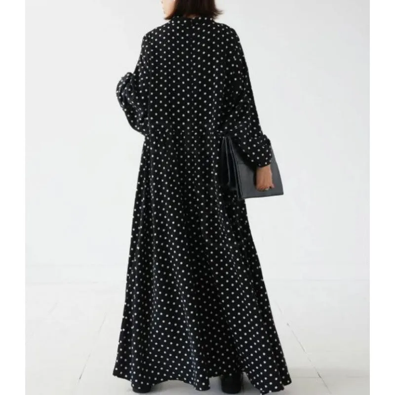 Plus size polka dot long sleeve Korean satin dress with flounced skirt and lantern sleeves in polka dot colour
