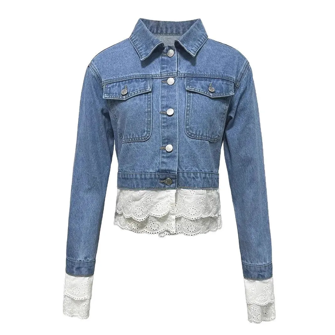 Blue women's denim jacket with lace stitching detail on the front, showing long sleeves.