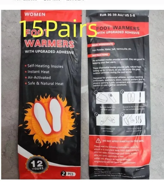 Self-heating foot warmer insoles in two sizes, walkable and battery-free, placed inside a pair of boots