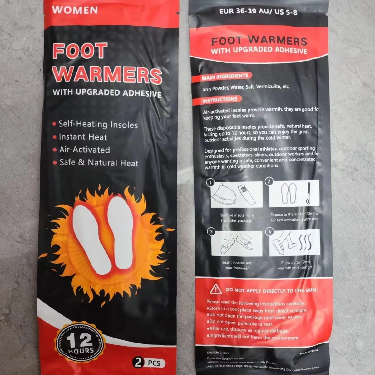 Self-heating foot warmer insoles in two sizes, walkable and battery-free, placed inside a pair of boots