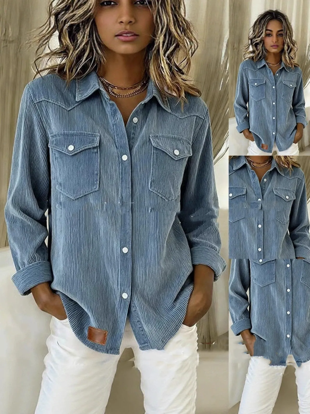 Women's light blue polyester denim cardigan jacket with distressed details, long sleeves, laid flat.