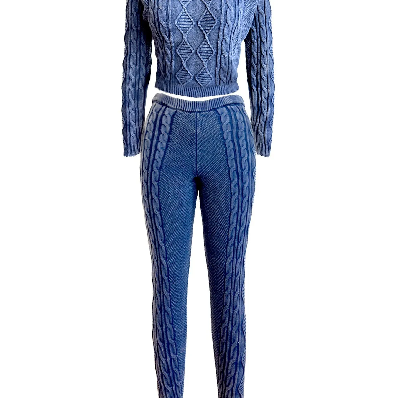 Women's cotton knit diamond pattern cable sweater set with long sleeves and matching trousers in brown