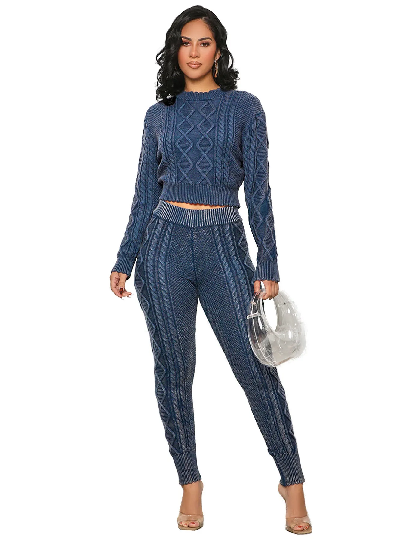 Women's cotton knit diamond pattern cable sweater set with long sleeves and matching trousers in brown
