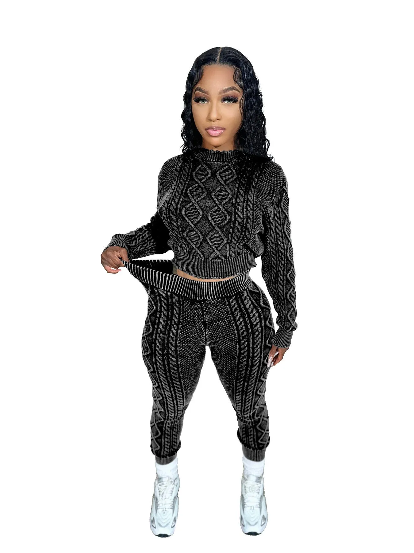 Women's cotton knit diamond pattern cable sweater set with long sleeves and matching trousers in brown