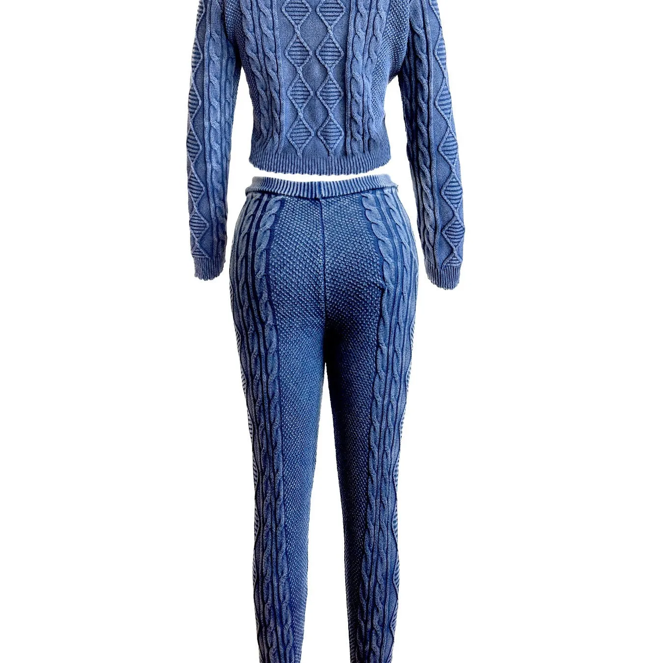 Women's cotton knit diamond pattern cable sweater set with long sleeves and matching trousers in brown