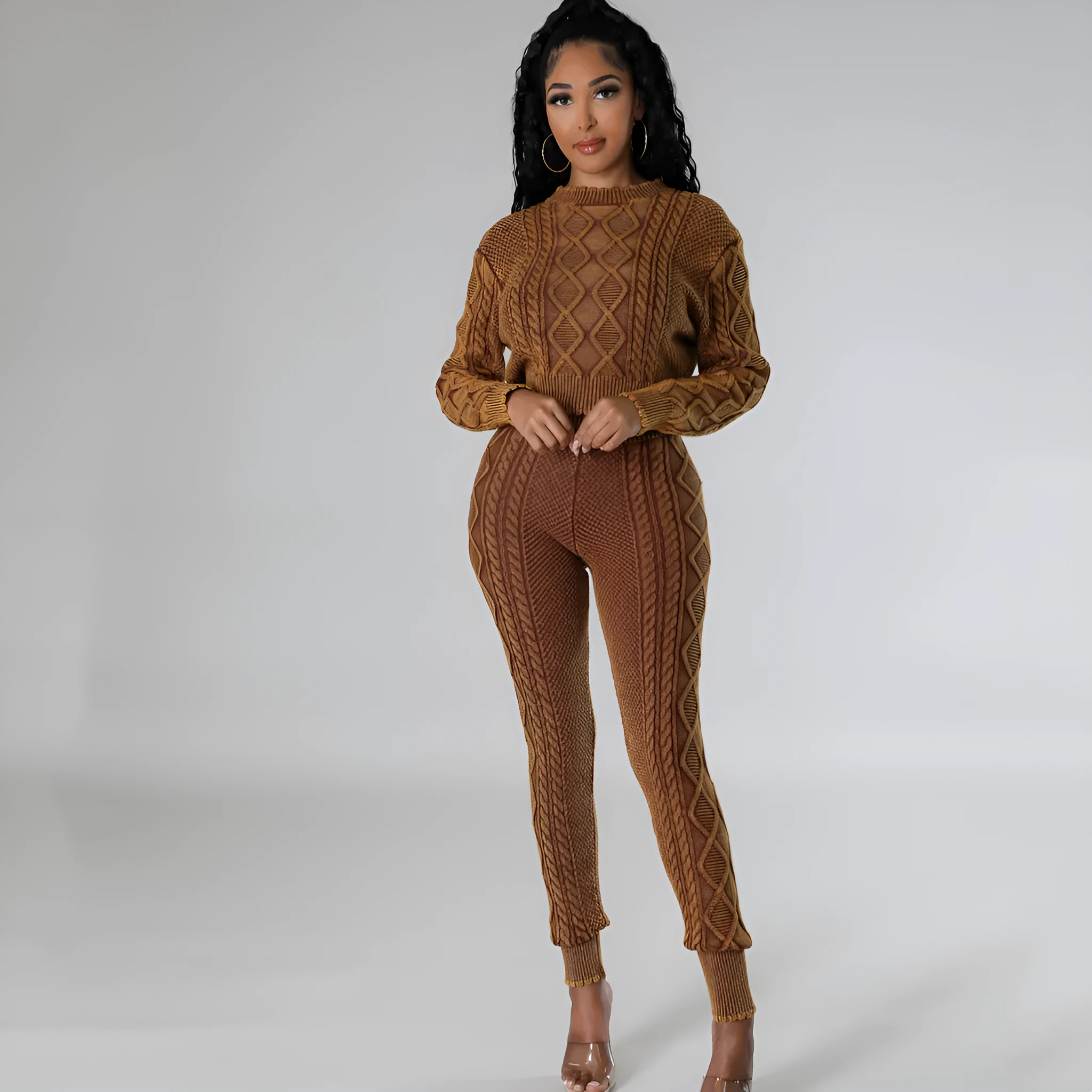Women's cotton knit diamond pattern cable sweater set with long sleeves and matching trousers in brown