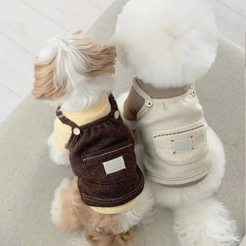 Brown corduroy pet vest with wool Sherpa collar on a small dog, halter design for easy wear