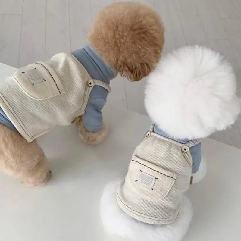 Brown corduroy pet vest with wool Sherpa collar on a small dog, halter design for easy wear