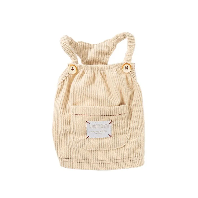 Brown corduroy pet vest with wool Sherpa collar on a small dog, halter design for easy wear