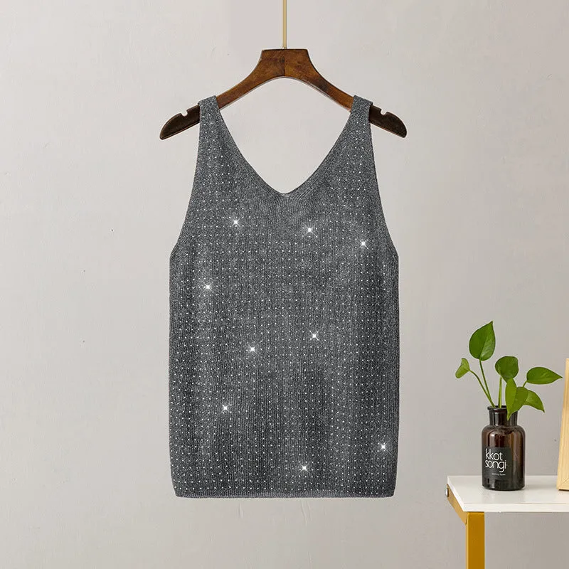 Ice silk knitted bright thread diamond-encrusted V-neck camisole in slim fit, shown in multiple colours including black, white, pink, and khaki