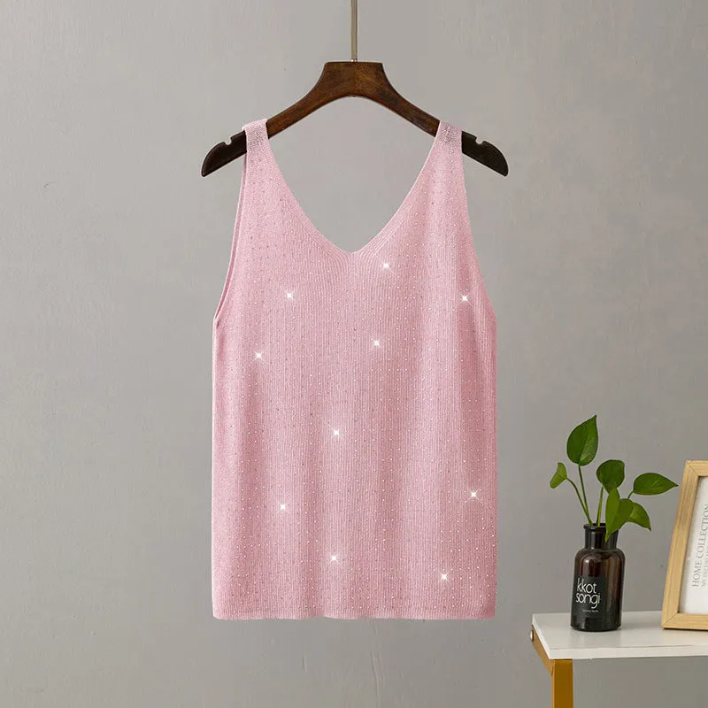 Ice silk knitted bright thread diamond-encrusted V-neck camisole in slim fit, shown in multiple colours including black, white, pink, and khaki