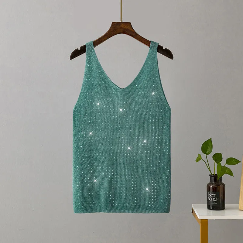 Ice silk knitted bright thread diamond-encrusted V-neck camisole in slim fit, shown in multiple colours including black, white, pink, and khaki