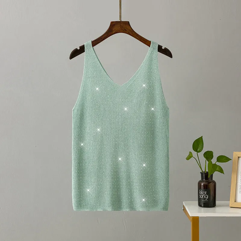 Ice silk knitted bright thread diamond-encrusted V-neck camisole in slim fit, shown in multiple colours including black, white, pink, and khaki