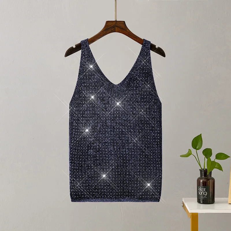 Ice silk knitted bright thread diamond-encrusted V-neck camisole in slim fit, shown in multiple colours including black, white, pink, and khaki
