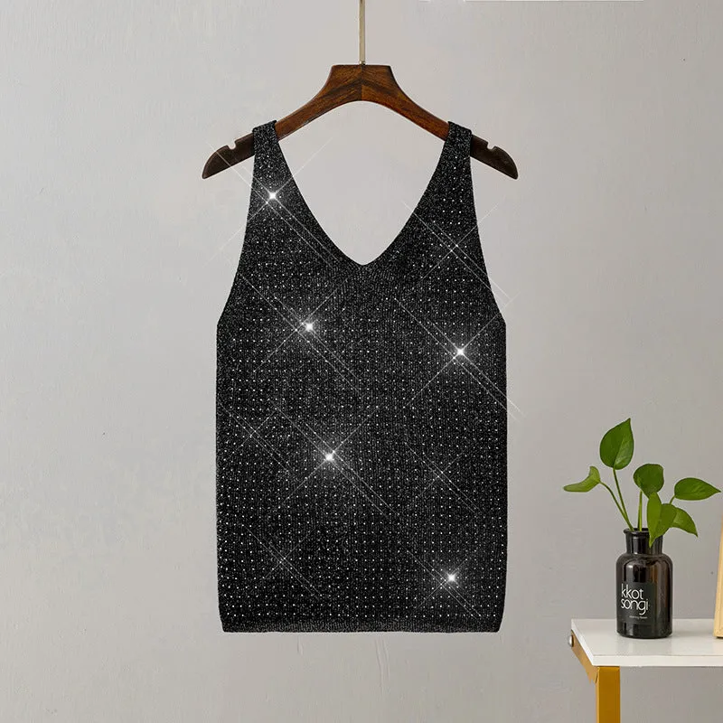 Ice silk knitted bright thread diamond-encrusted V-neck camisole in slim fit, shown in multiple colours including black, white, pink, and khaki