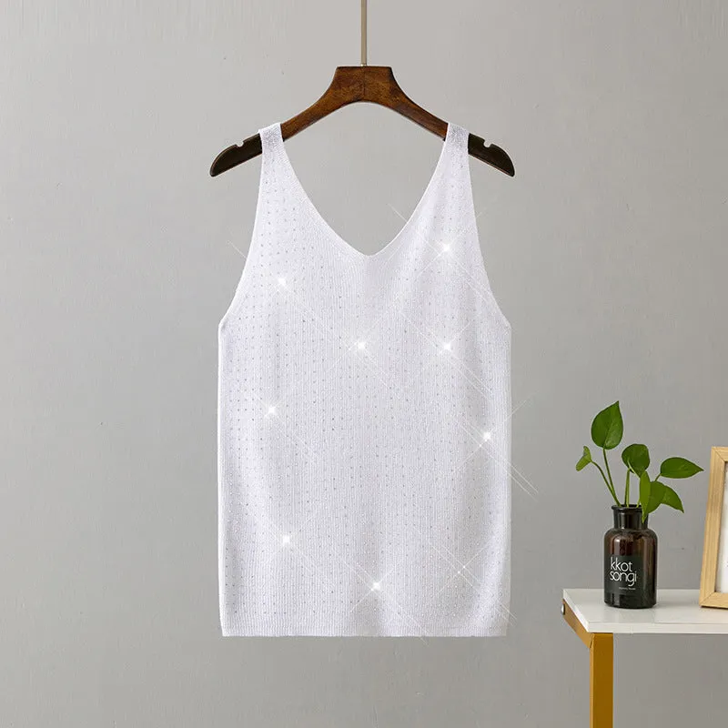 Ice silk knitted bright thread diamond-encrusted V-neck camisole in slim fit, shown in multiple colours including black, white, pink, and khaki