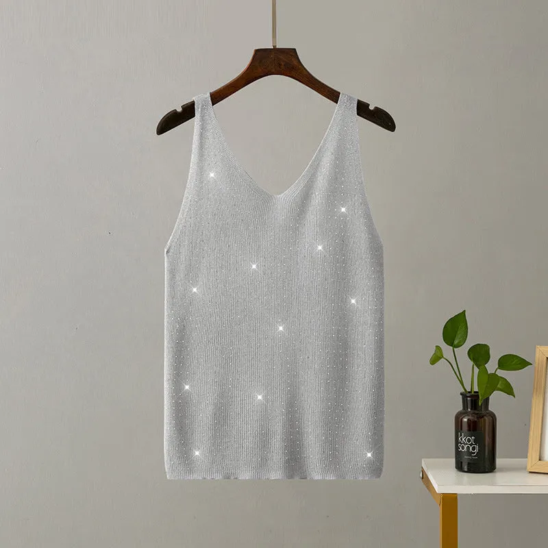 Ice silk knitted bright thread diamond-encrusted V-neck camisole in slim fit, shown in multiple colours including black, white, pink, and khaki