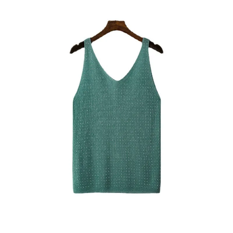Ice silk knitted bright thread diamond-encrusted V-neck camisole in slim fit, shown in multiple colours including black, white, pink, and khaki