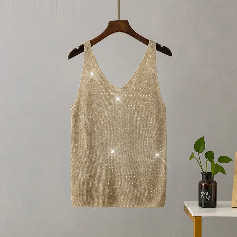Ice silk knitted bright thread diamond-encrusted V-neck camisole in slim fit, shown in multiple colours including black, white, pink, and khaki