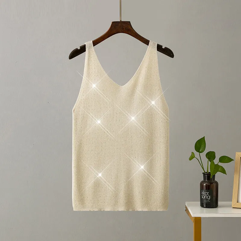 Ice silk knitted bright thread diamond-encrusted V-neck camisole in slim fit, shown in multiple colours including black, white, pink, and khaki