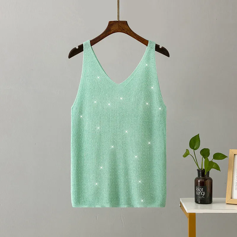 Ice silk knitted bright thread diamond-encrusted V-neck camisole in slim fit, shown in multiple colours including black, white, pink, and khaki