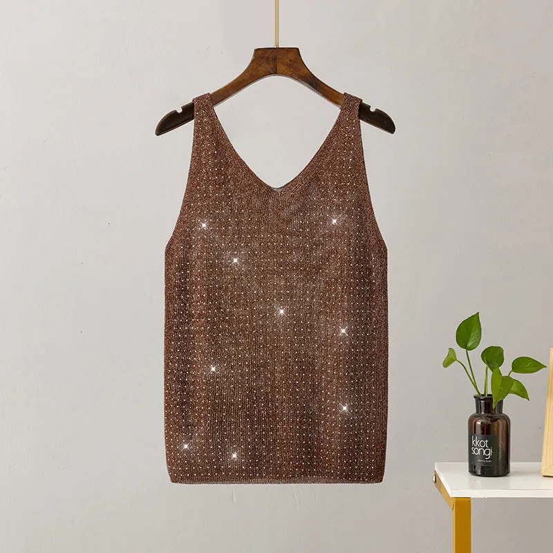 Ice silk knitted bright thread diamond-encrusted V-neck camisole in slim fit, shown in multiple colours including black, white, pink, and khaki