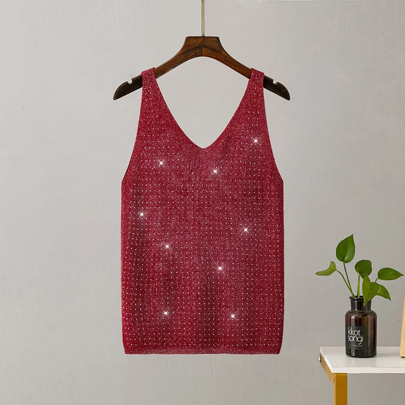 Ice silk knitted bright thread diamond-encrusted V-neck camisole in slim fit, shown in multiple colours including black, white, pink, and khaki