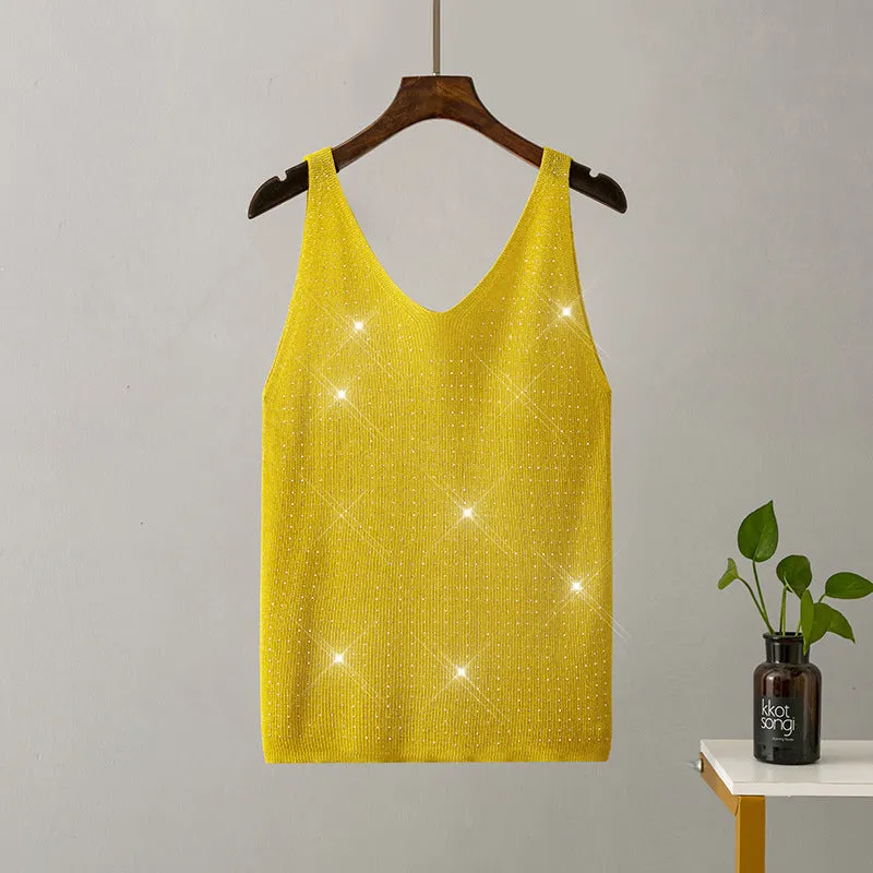 Ice silk knitted bright thread diamond-encrusted V-neck camisole in slim fit, shown in multiple colours including black, white, pink, and khaki