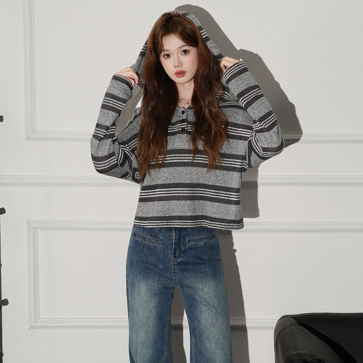Striped button hooded long sleeve knitwear in dark coffee colour, loose fit pullover style, short length 40cm