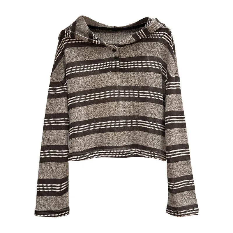 Striped button hooded long sleeve knitwear in dark coffee colour, loose fit pullover style, short length 40cm