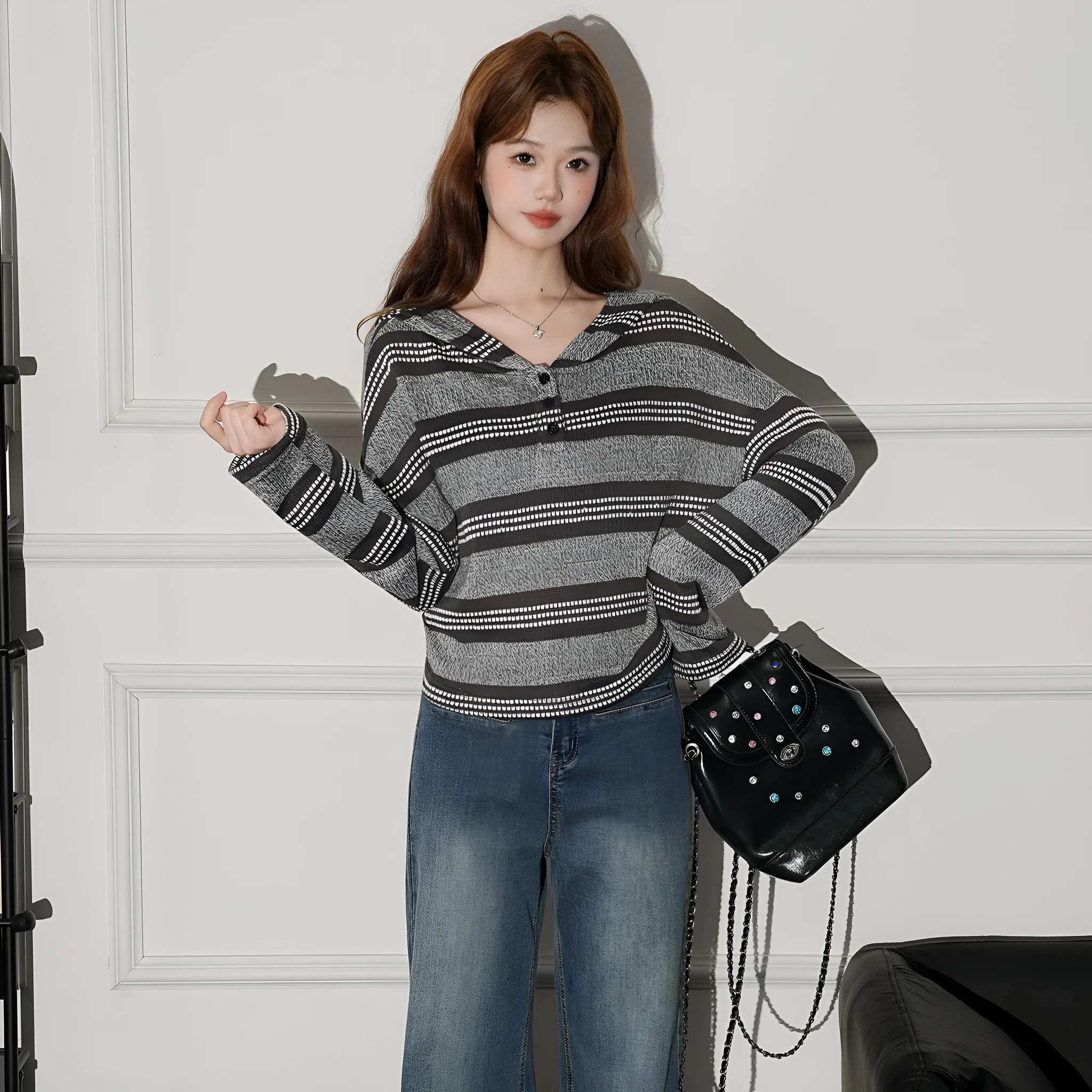 Striped button hooded long sleeve knitwear in dark coffee colour, loose fit pullover style, short length 40cm