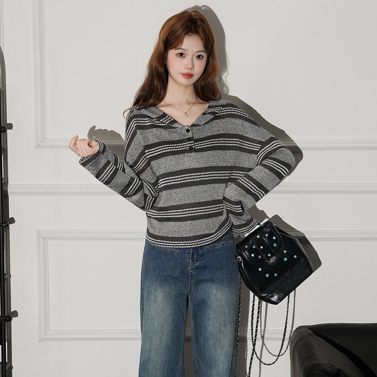 Striped button hooded long sleeve knitwear in dark coffee colour, loose fit pullover style, short length 40cm