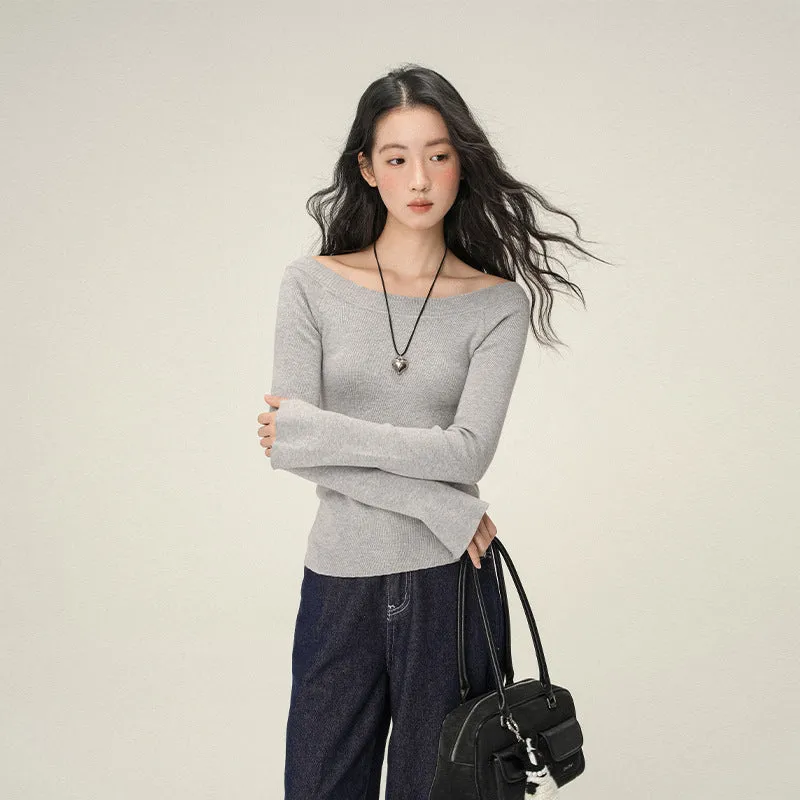 Pure Desire women's soft knit oblique angle shoulder pullover sweater in solid colour, slim fit, short length