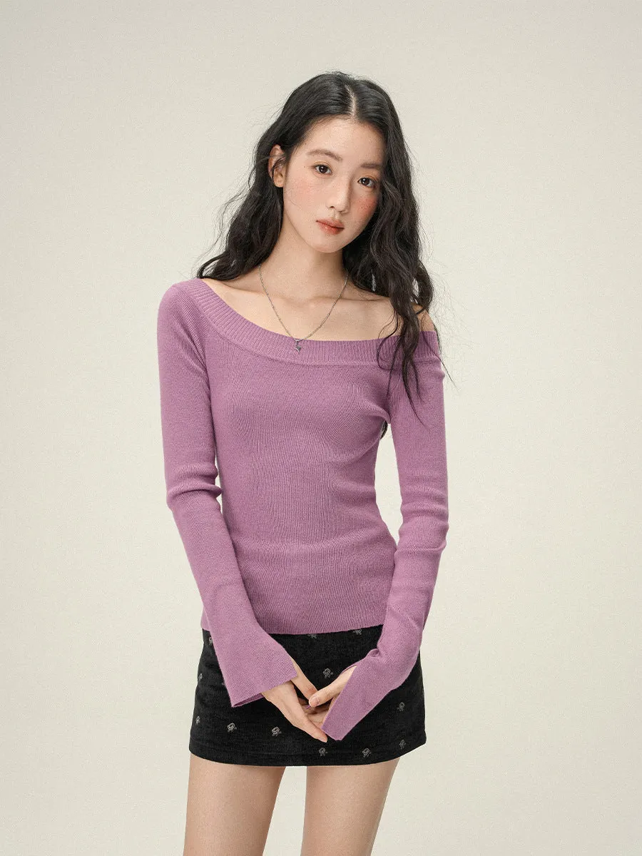 Pure Desire women's soft knit oblique angle shoulder pullover sweater in solid colour, slim fit, short length