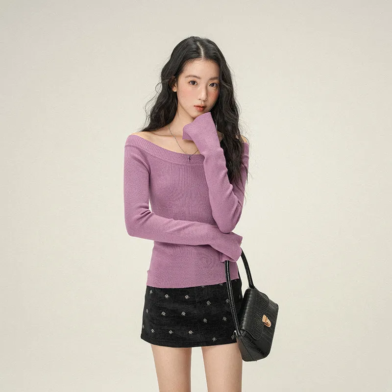 Pure Desire women's soft knit oblique angle shoulder pullover sweater in solid colour, slim fit, short length