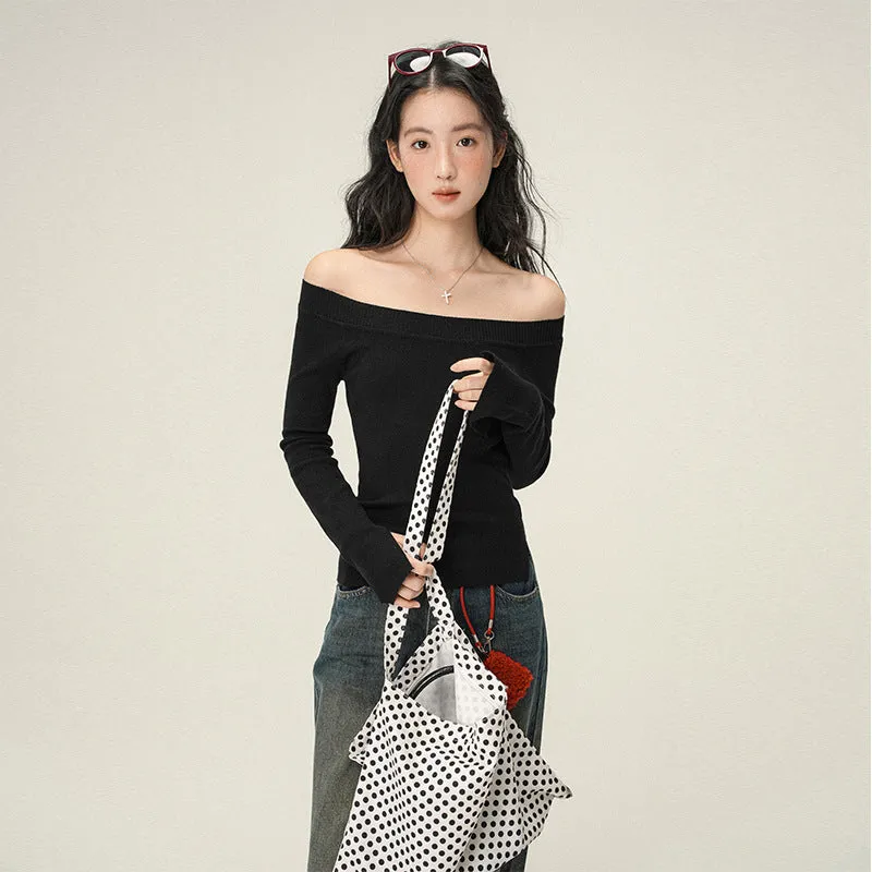 Pure Desire women's soft knit oblique angle shoulder pullover sweater in solid colour, slim fit, short length