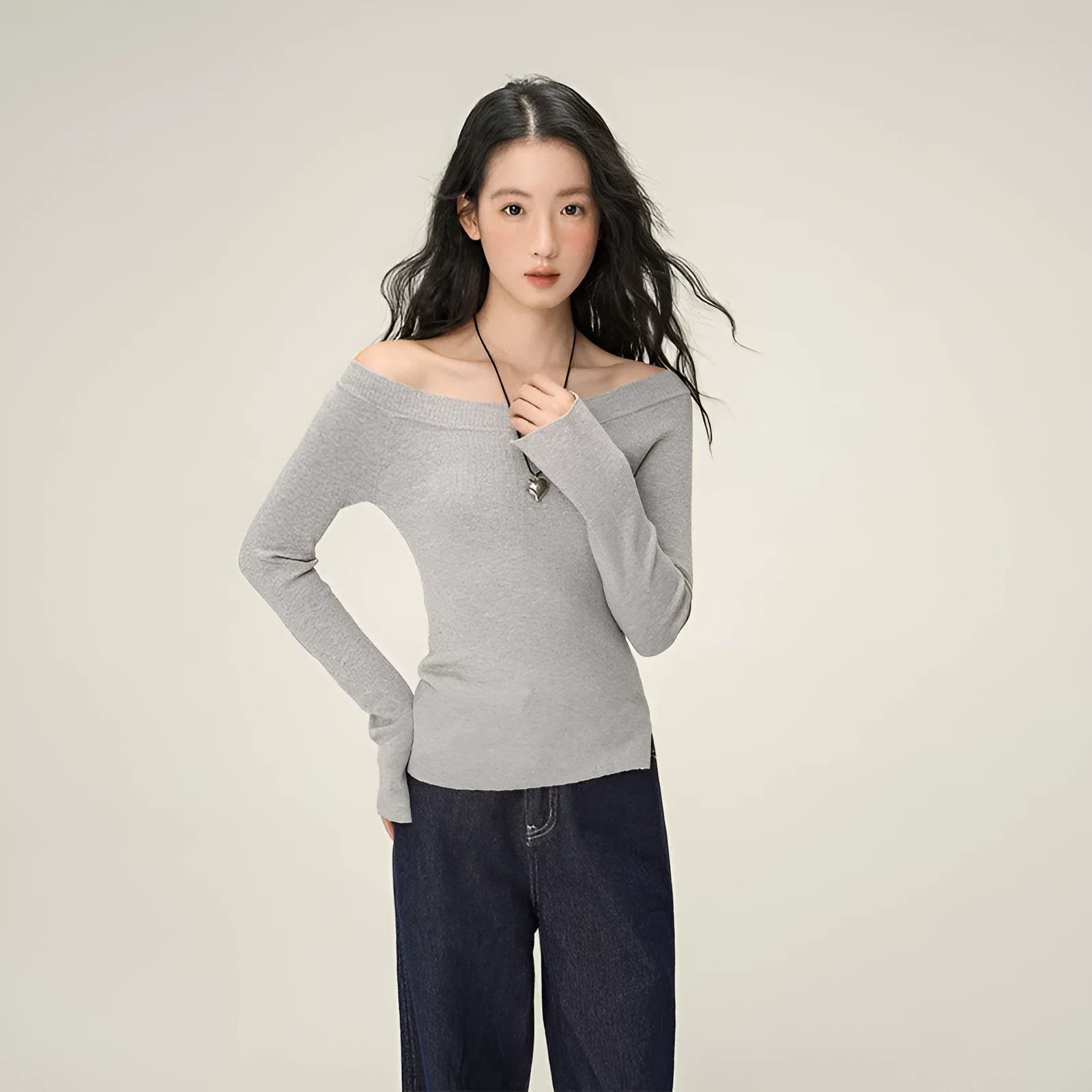 Pure Desire women's soft knit oblique angle shoulder pullover sweater in solid colour, slim fit, short length