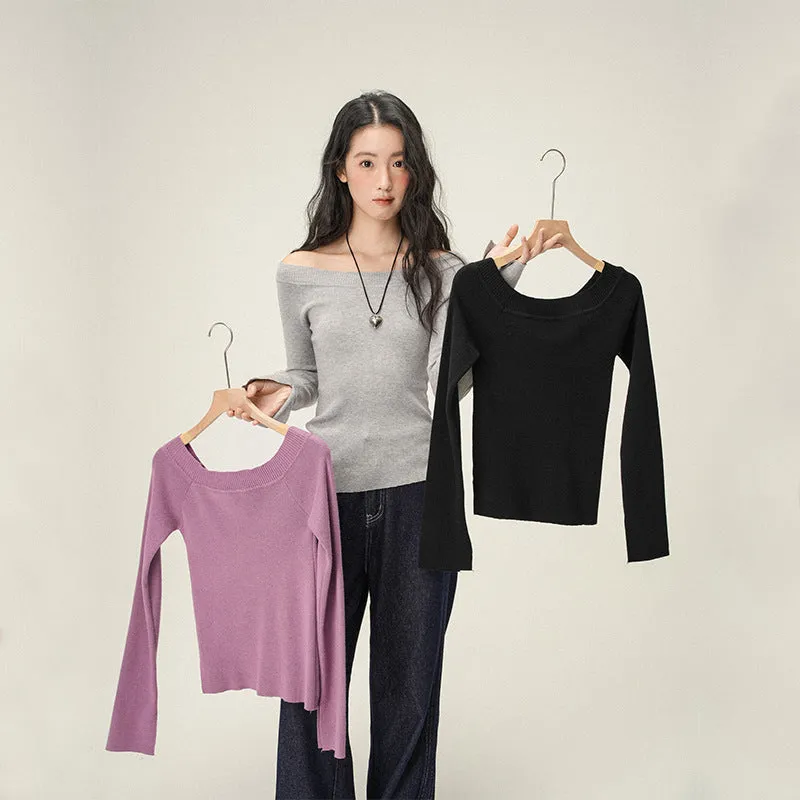 Pure Desire women's soft knit oblique angle shoulder pullover sweater in solid colour, slim fit, short length