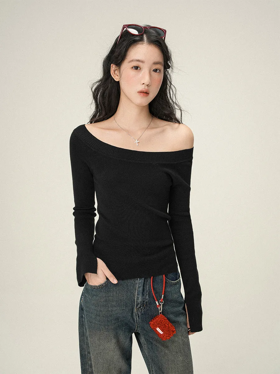 Pure Desire women's soft knit oblique angle shoulder pullover sweater in solid colour, slim fit, short length
