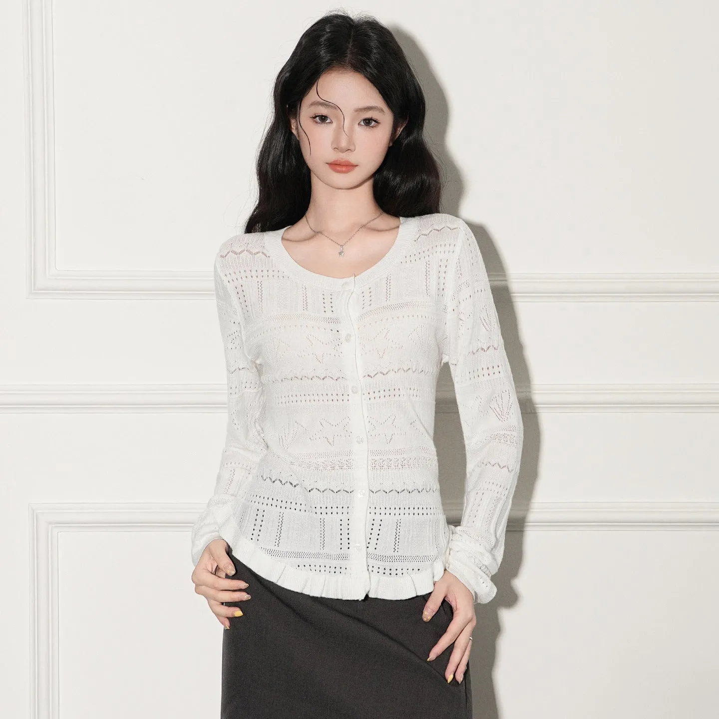 White hollow-out knit cardigan pullover slim fit women's regular length long sleeves