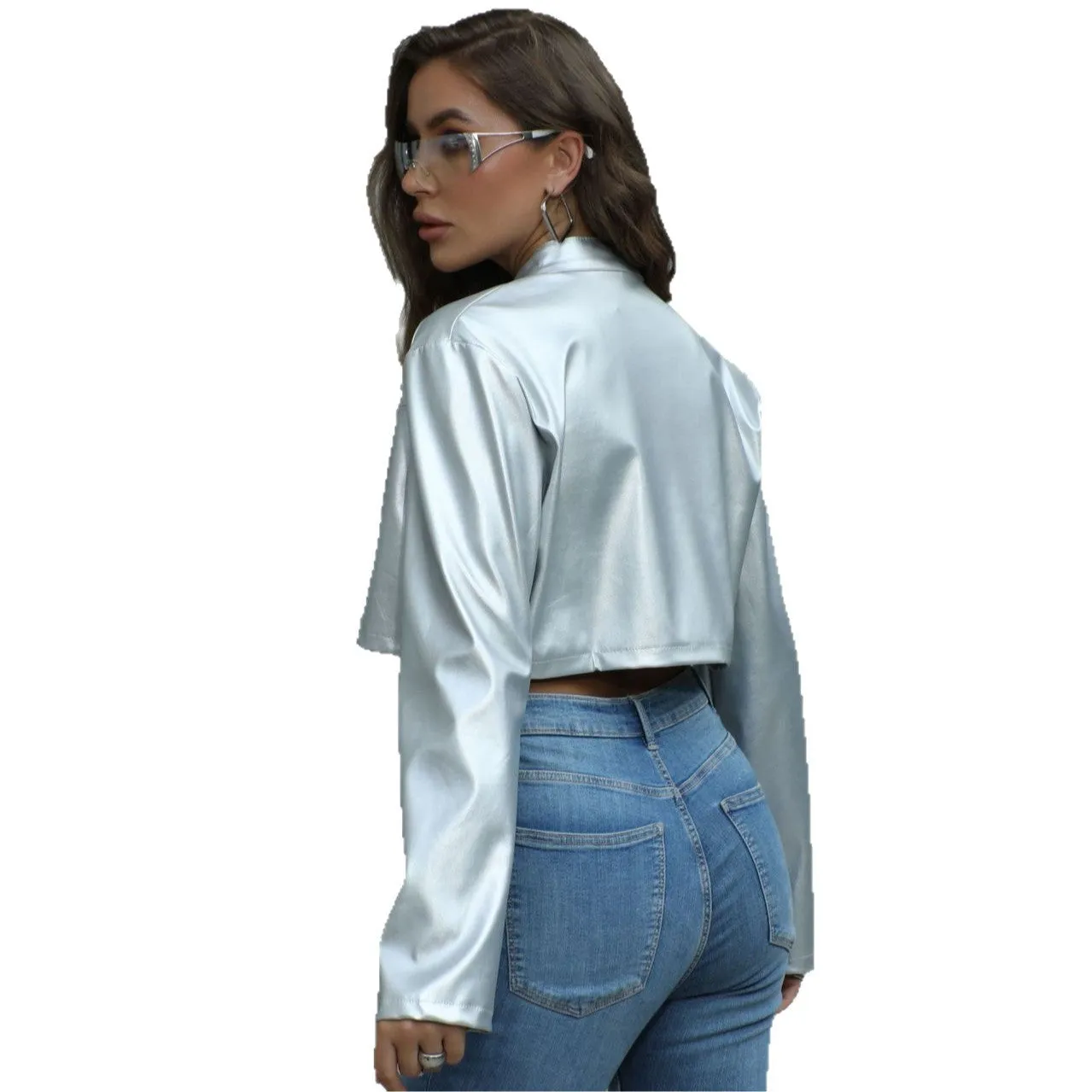 Women's silver metallic stand-collar zipper jacket with patchwork detail artificial leather slim fit short length