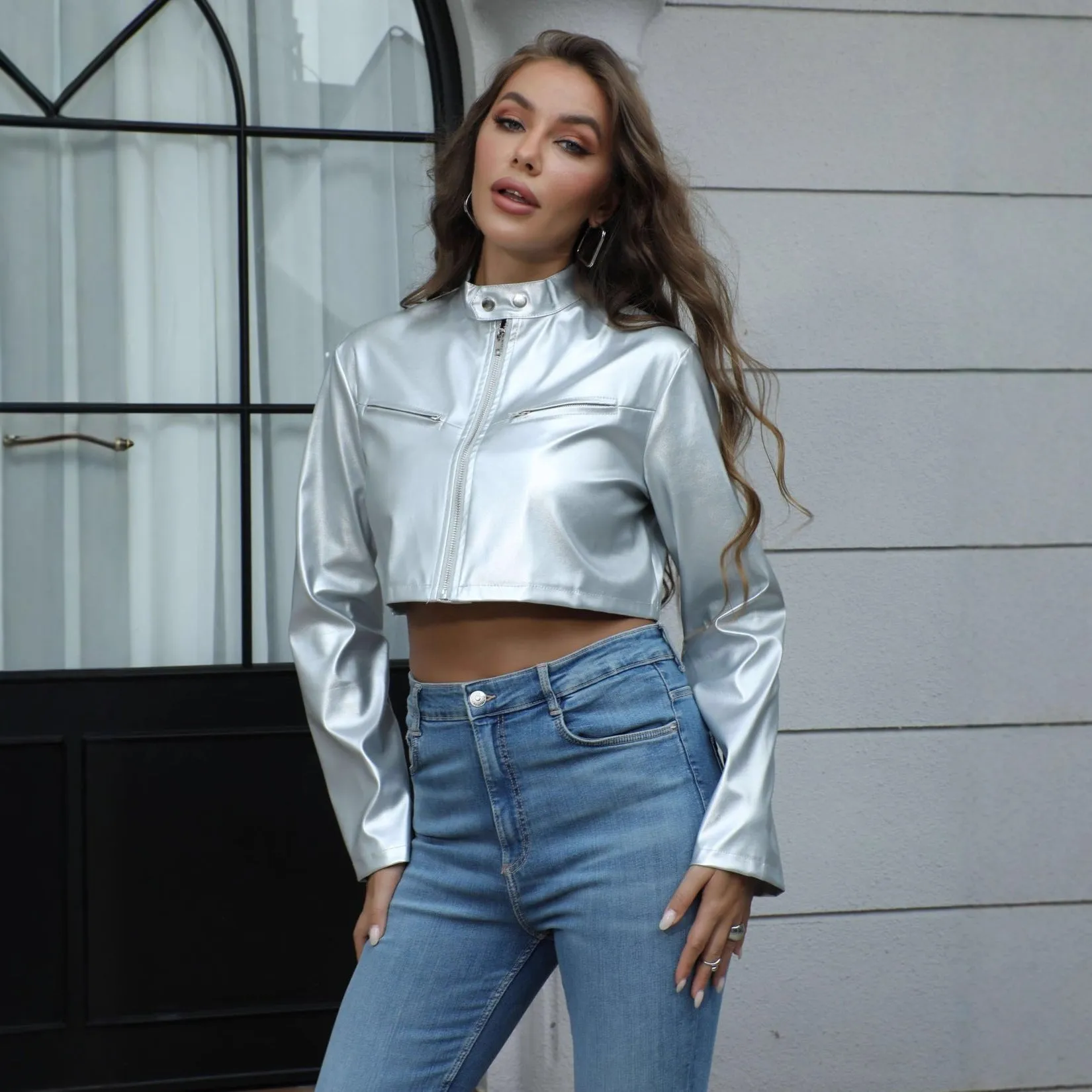 Women's silver metallic stand-collar zipper jacket with patchwork detail artificial leather slim fit short length