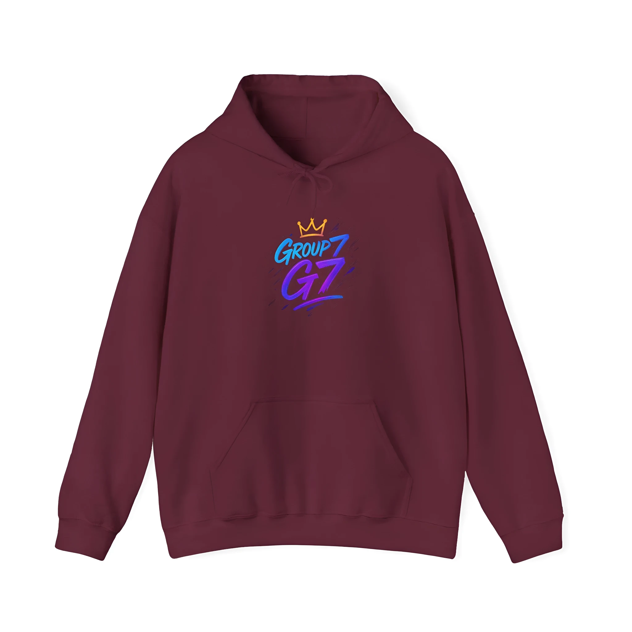 Wine red polyester loose fit pullover hoodie with front pocket, front view, model wearing casual sportswear