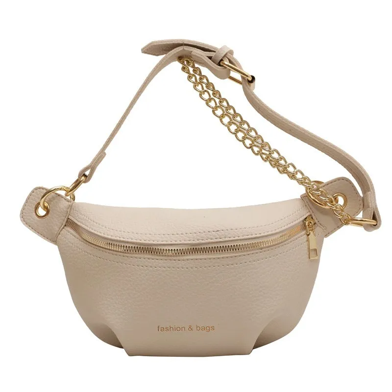 PU waist bag with spliced design in black showing single-shoulder style and zippered compartment