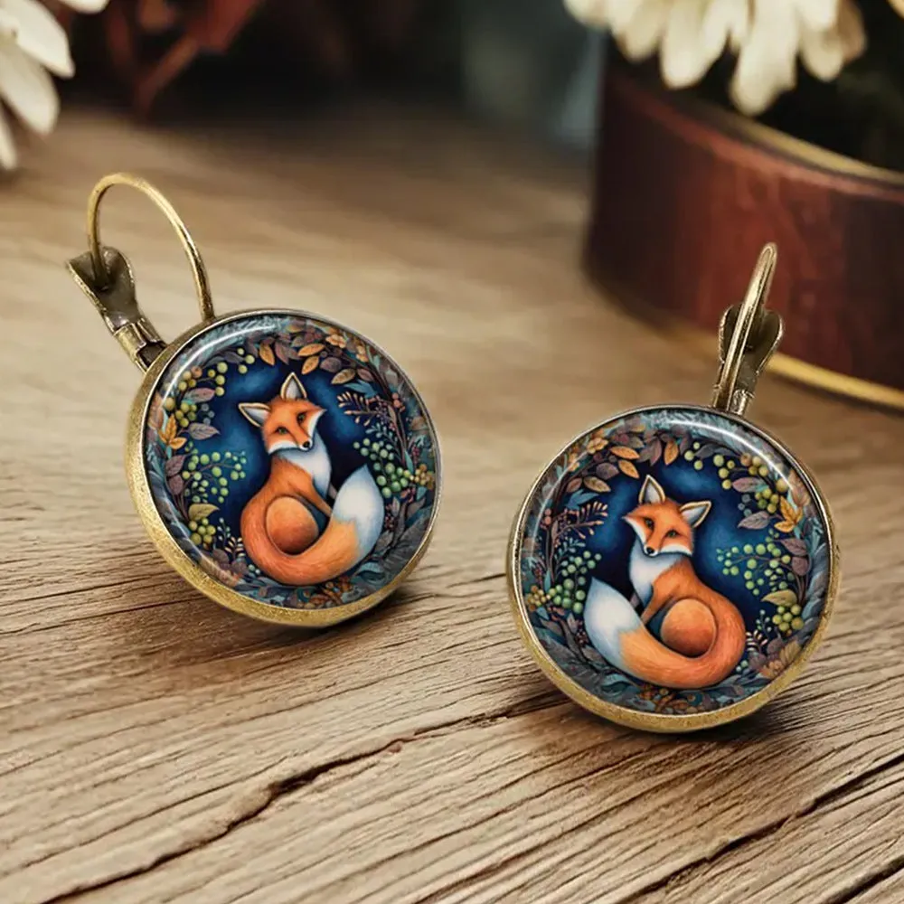 Handmade retro cartoon animal earrings in fox, cat, and chicken designs with alloy and gem glass construction