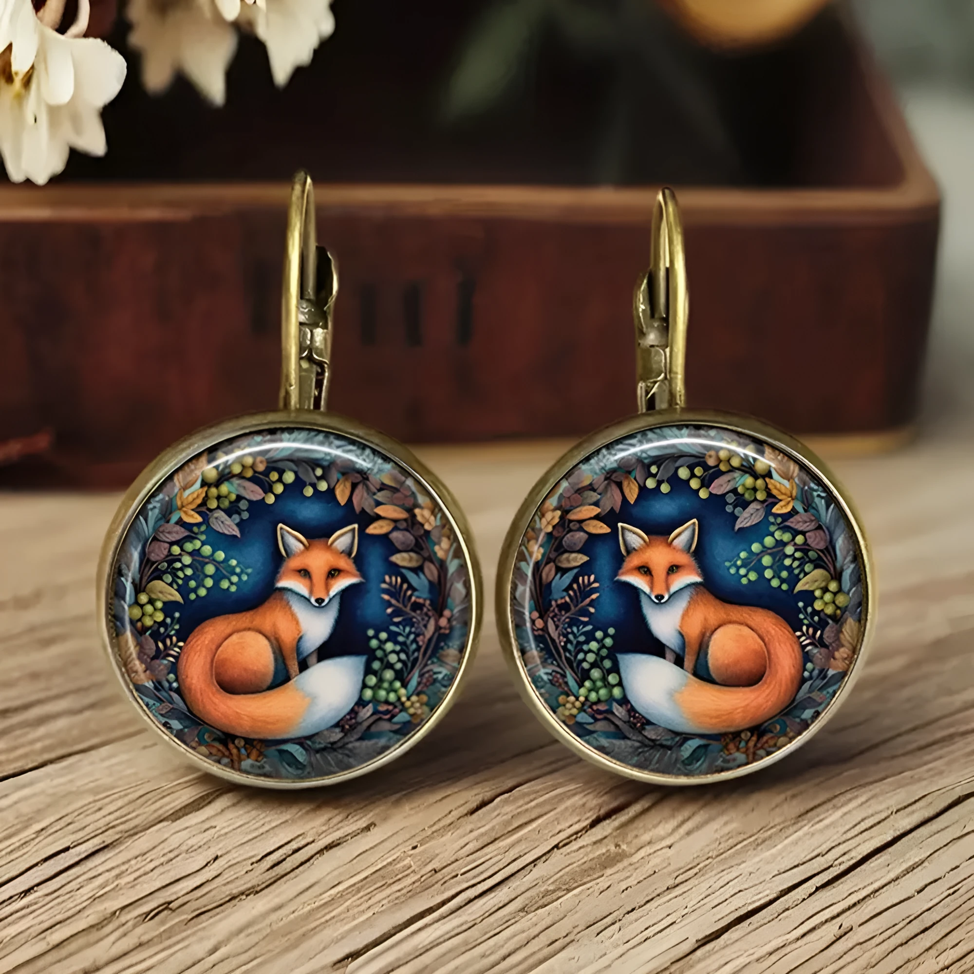 Handmade retro cartoon animal earrings in fox, cat, and chicken designs with alloy and gem glass construction
