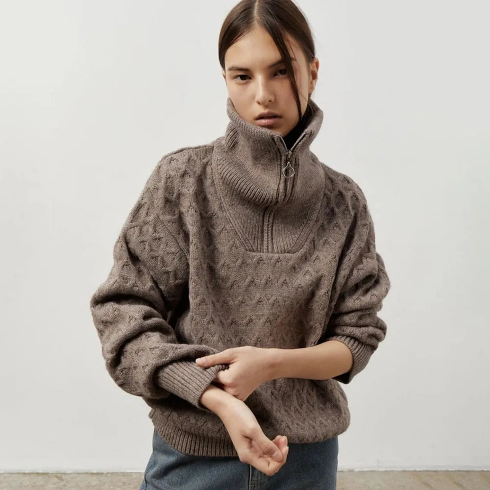 Women's high-neck half zip pullover sweater in apricot with crochet details on front