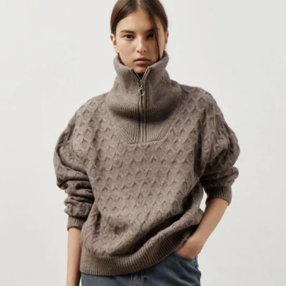 Women's high-neck half zip pullover sweater in apricot with crochet details on front