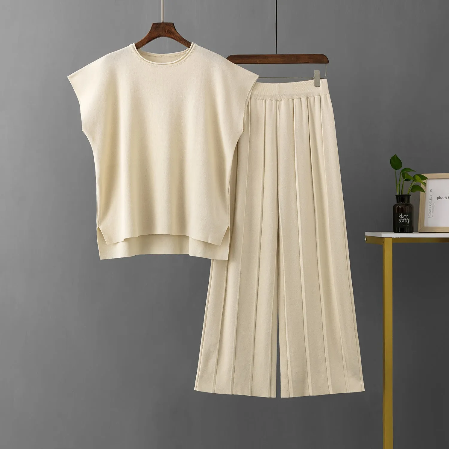 Sleeveless vest knit wide-leg pants ice silk set in solid colour for women plus size commute style