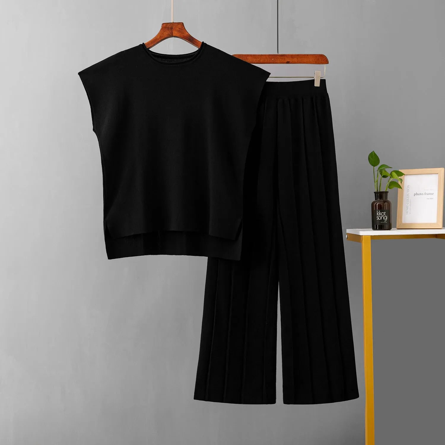 Sleeveless vest knit wide-leg pants ice silk set in solid colour for women plus size commute style